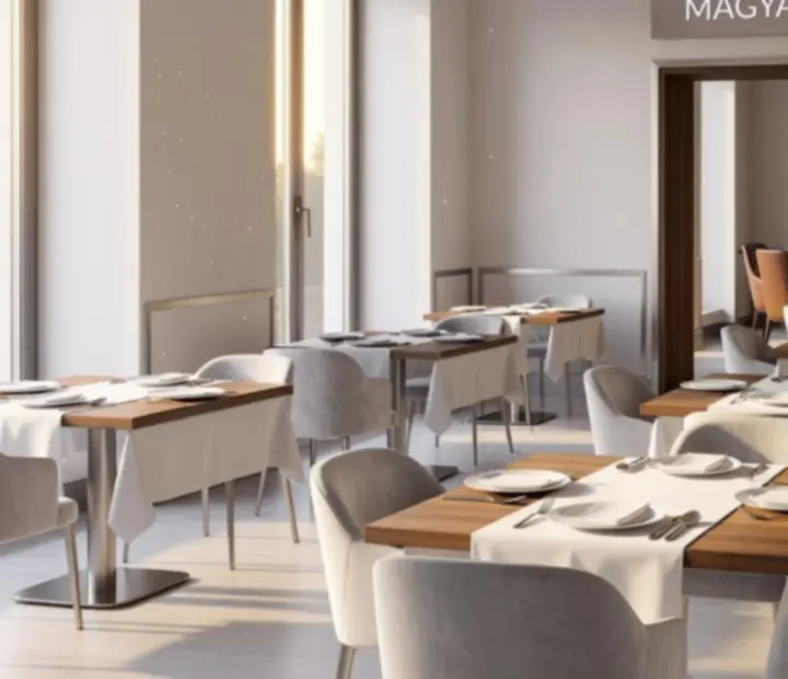 Napfényes, elegáns budapesti bistro- és kártyaszalon enteriőr