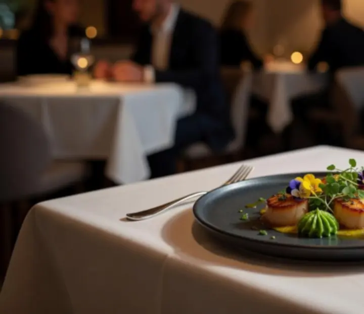 Gourmet fogások és signature koktélok egy elegáns esti bistroasztalon